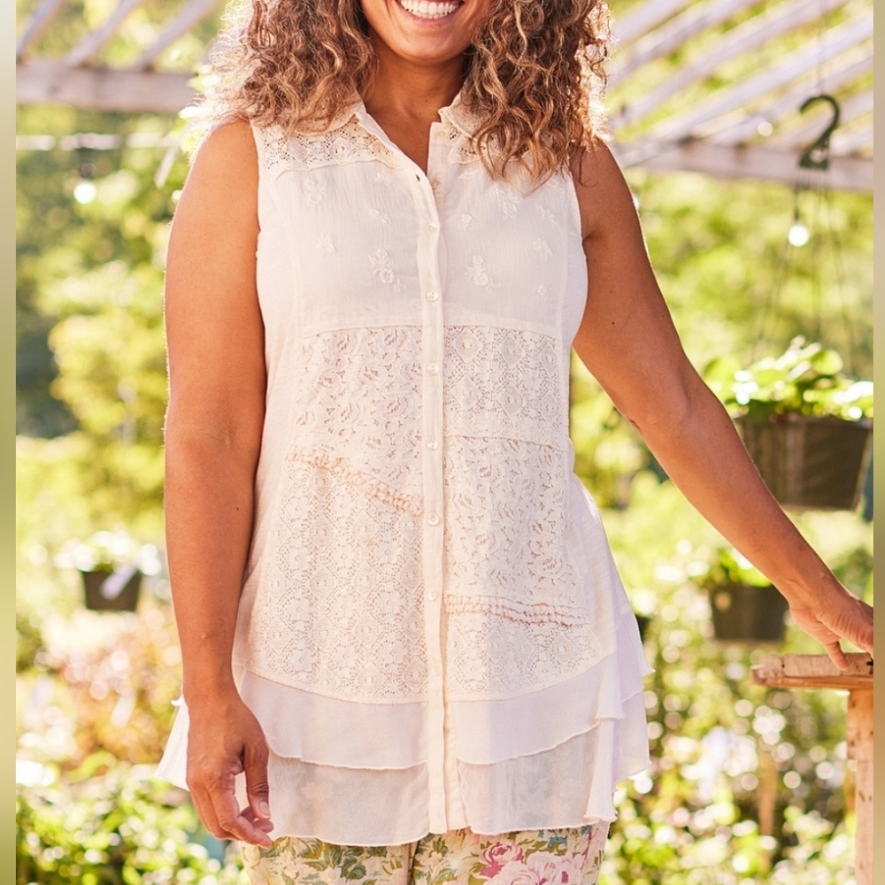 April Cornell Patchwork Lace Sleeveless Tunic Blouse White XS Cottagecore